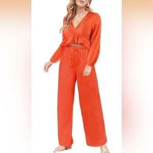 Fancyinn Women's Vibrant Orange Wide Leg Pants & Long sleeve top SET